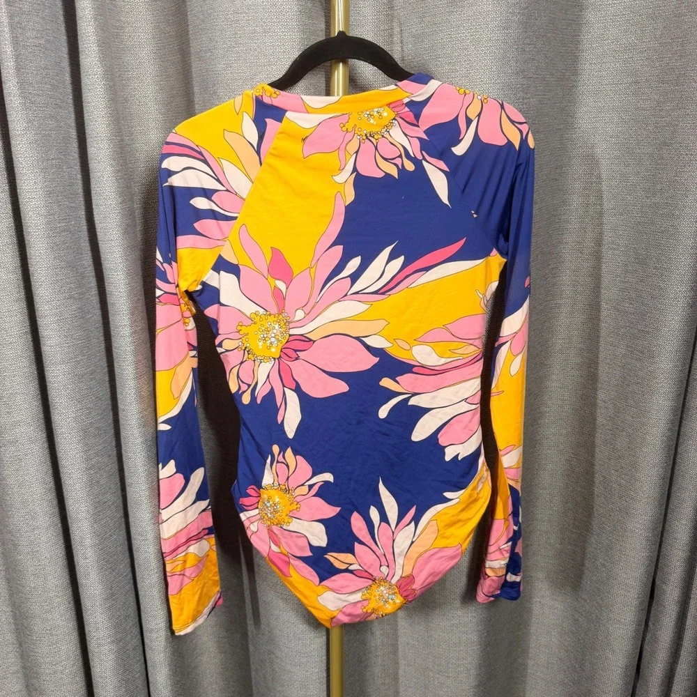 Trina Turk Floral Long Sleeve One Piece Swimsuit & Cover Up Set Blue Pink Large